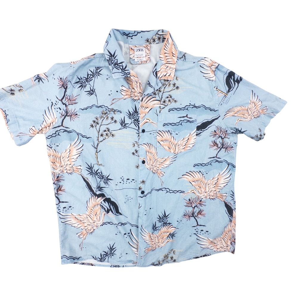 Zara Man Light‎ Blue Crane Print Relaxed Fit Linen Blend Shirt Mens Large